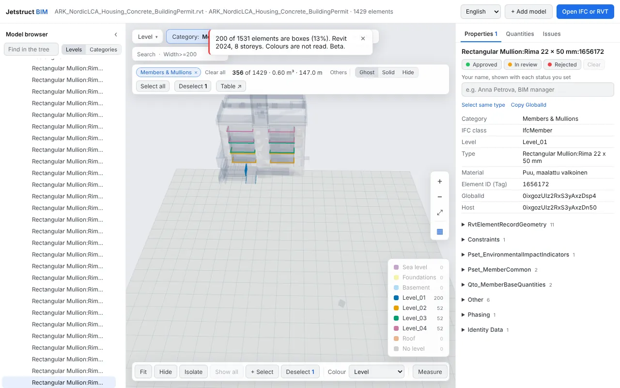 An element selected in the Revit model, with its properties.